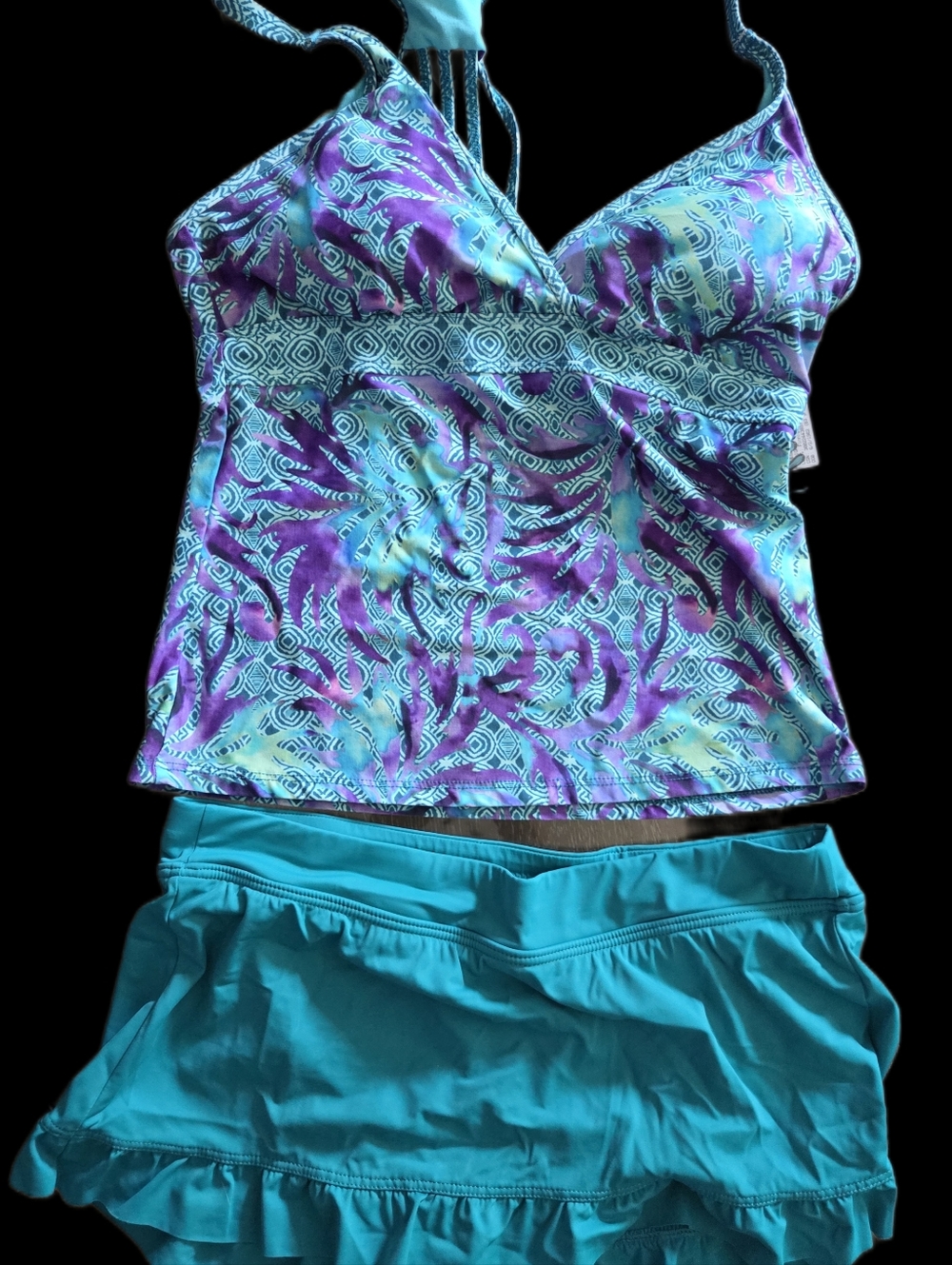 Title Nine Siren Kasuri Tankini Top & Bottom Mini Swim Skirt, Bright! M